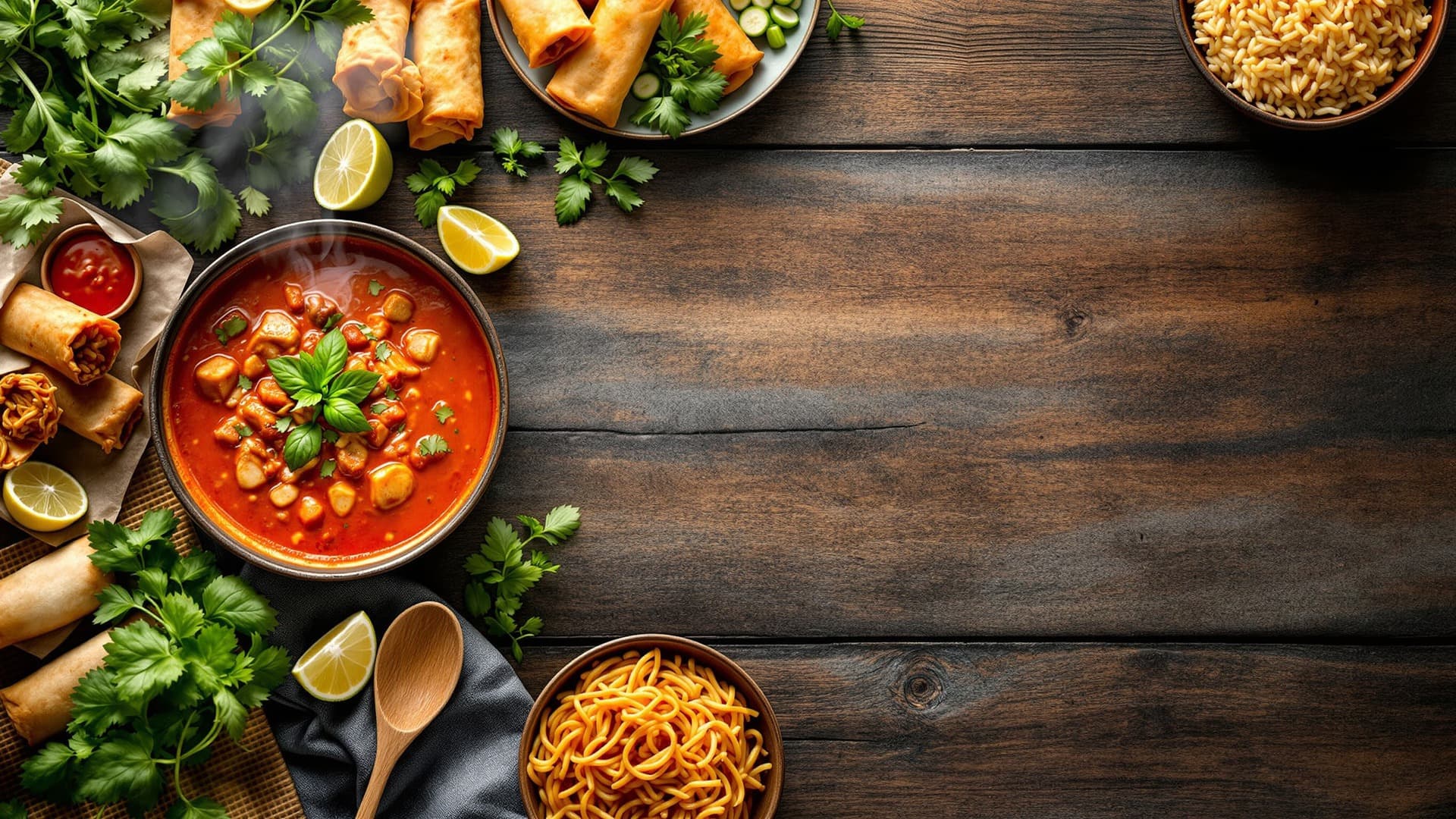 A vibrant spread of Thai street food — steaming curries, noodle bowls, fresh herbs, and jasmine rice on a warm wooden table